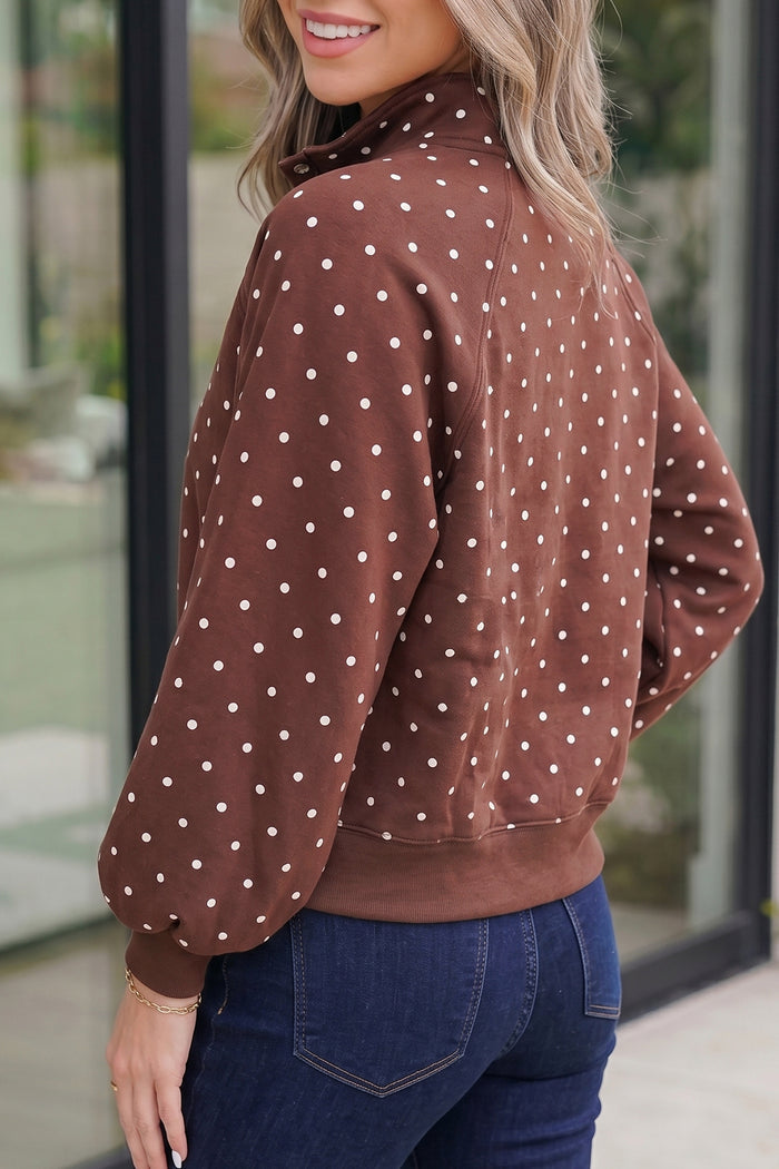 Pink Polka Dot Print Metal Button Collar Casual Pullover Sweatshirt Shewin