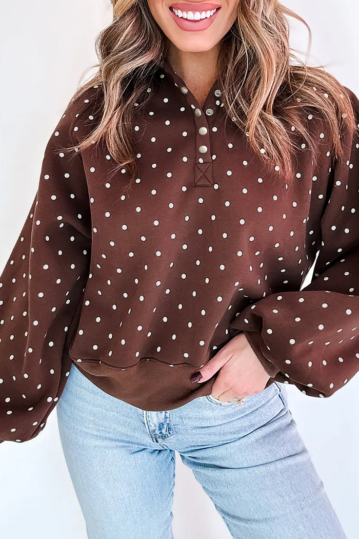 Pink Polka Dot Print Metal Button Collar Casual Pullover Sweatshirt Shewin