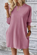 Pink Shirred Cuff 3/4 Sleeve T Shirt Mini Dress Shewin