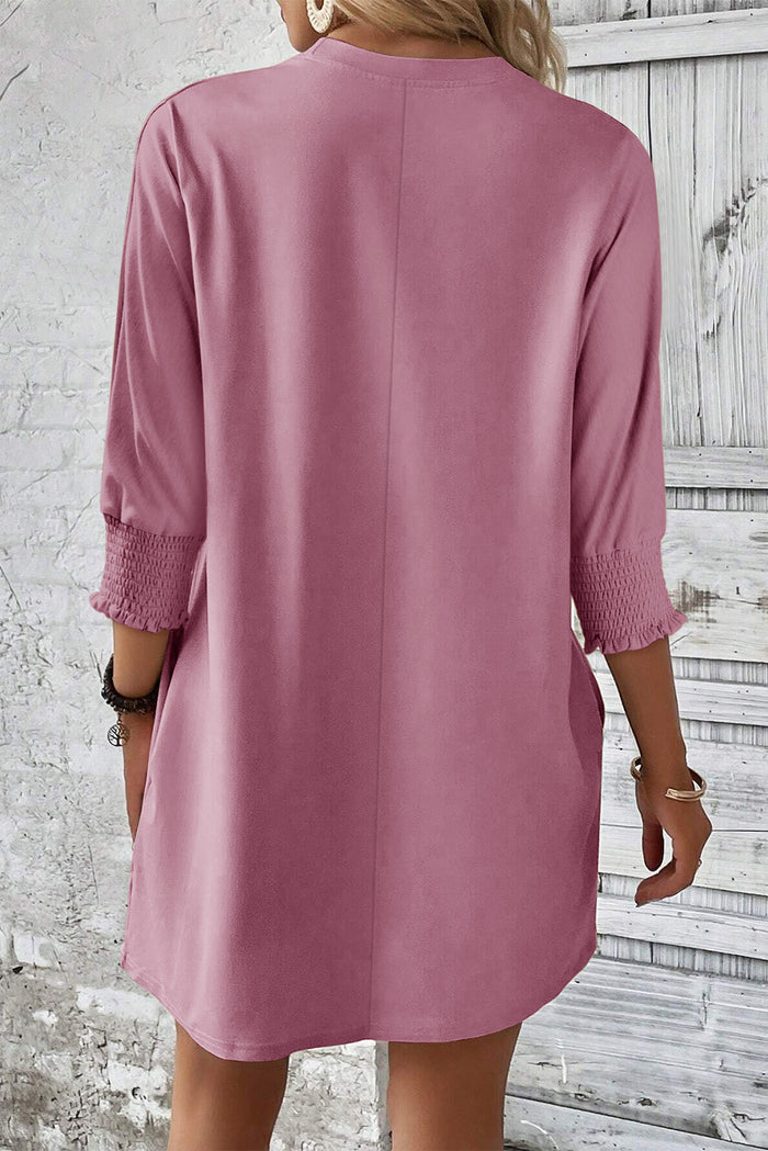 Pink Shirred Cuff 3/4 Sleeve T Shirt Mini Dress Shewin