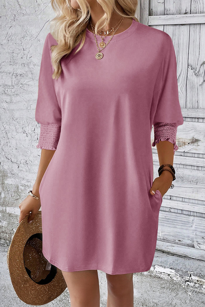 Pink Shirred Cuff 3/4 Sleeve T Shirt Mini Dress Shewin