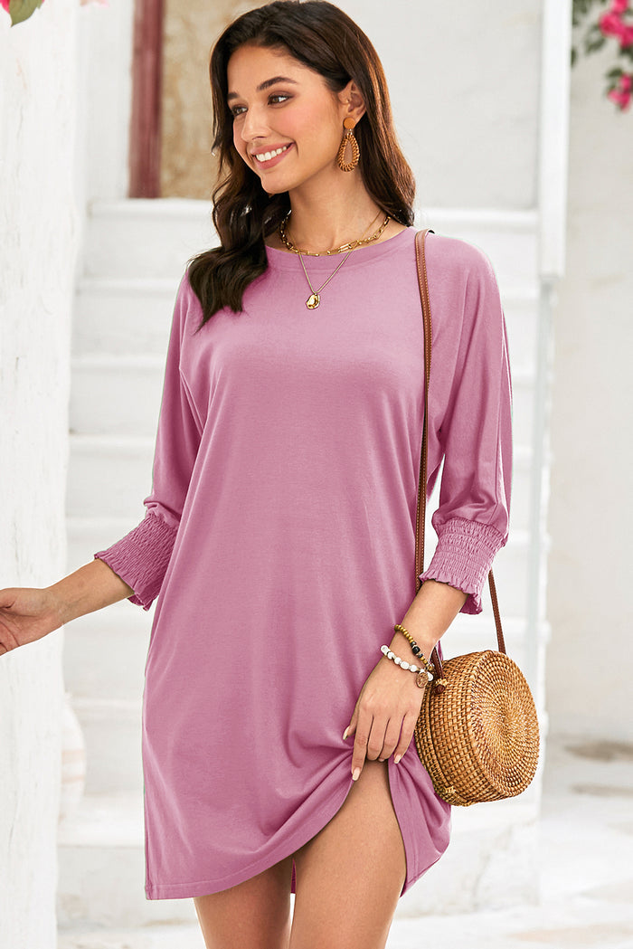 Pink Shirred Cuff 3/4 Sleeve T Shirt Mini Dress Shewin