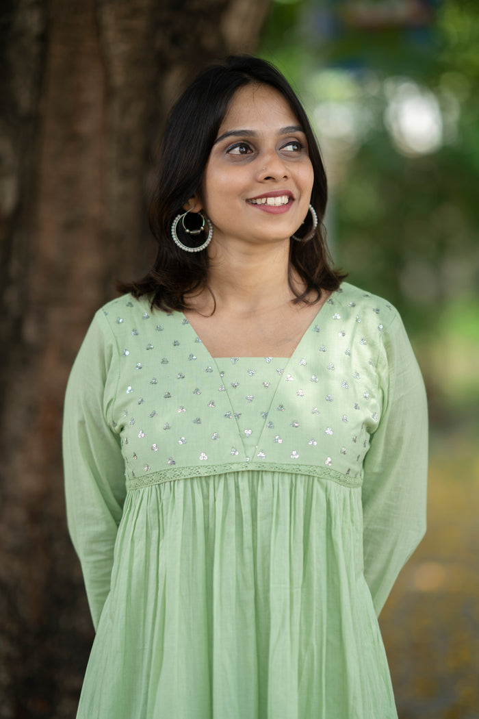Pista green shaded Kora mul cotton A-line kurti with handwork detailed yoke MBS-581 **Ready to dispatch** **last piece sale**