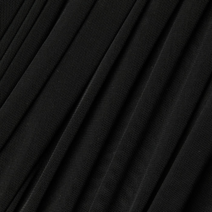 Close-up of the Poppie Off-The-Shoulder Bodysuit in black, featuring finely pleated fabric with a subtle stretch mesh texture and diagonal, evenly spaced folds for a sleek, sculpted look.