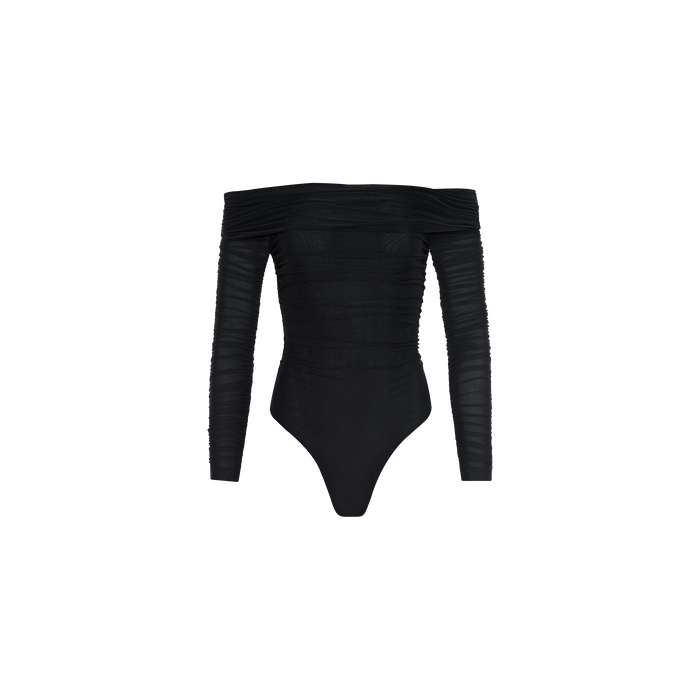 The Poppie Off-The-Shoulder Bodysuit is a black long-sleeve bodysuit with ruched detailing along the sleeves and torso, crafted from stretch mesh fabric and shown on a plain white background.