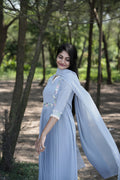 Powder blue shaded party wear georgette Aline kurti detailed with lace and thread embroidery with scalloped dupatta MBS-271