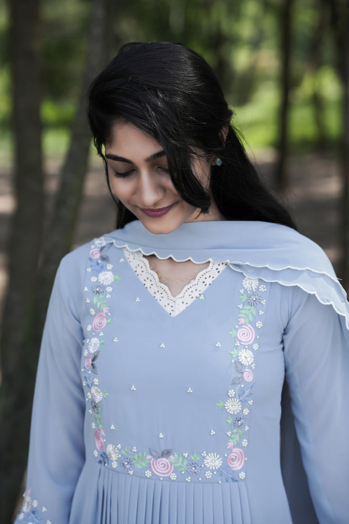 Powder blue shaded party wear georgette Aline kurti detailed with lace and thread embroidery with scalloped dupatta MBS-271