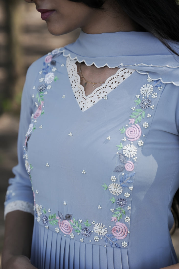 Powder blue shaded party wear georgette Aline kurti detailed with lace and thread embroidery with scalloped dupatta MBS-271