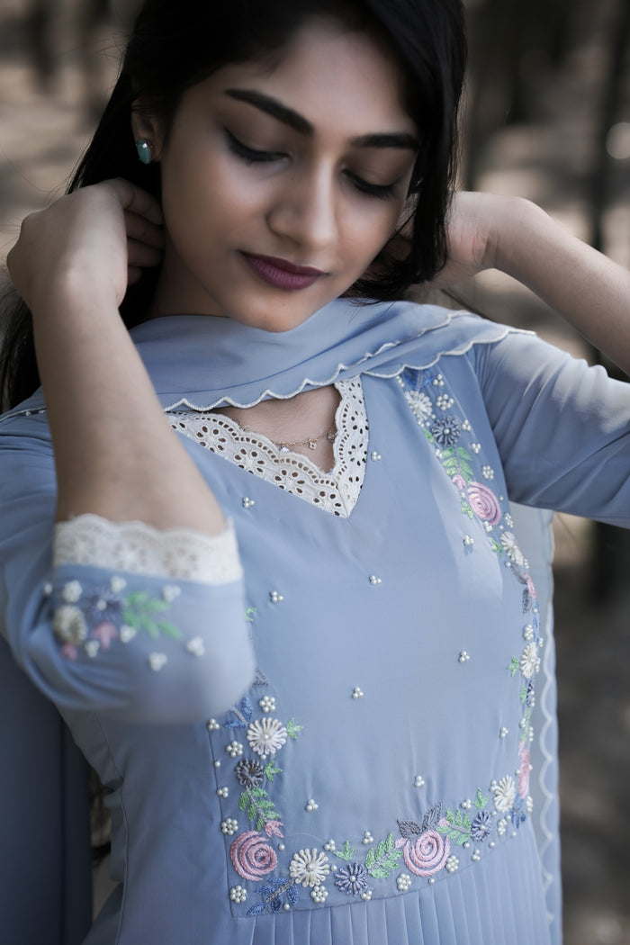 Powder blue shaded party wear georgette Aline kurti detailed with lace and thread embroidery with scalloped dupatta MBS-271