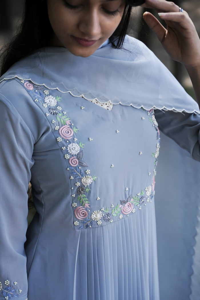 Powder blue shaded party wear georgette Aline kurti detailed with lace and thread embroidery with scalloped dupatta MBS-271