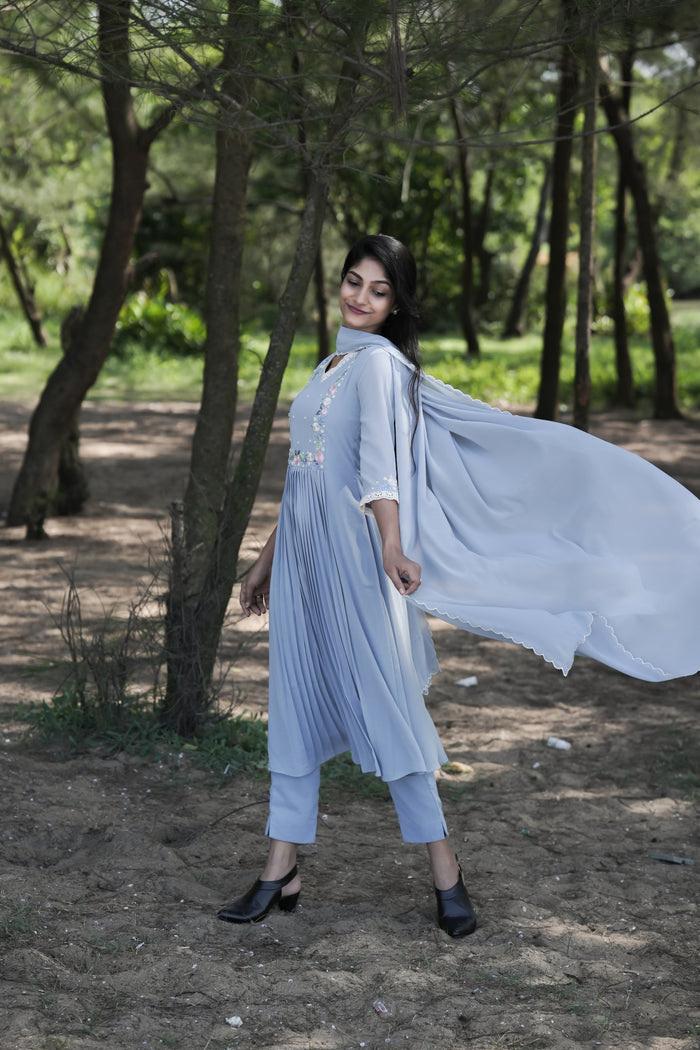 Powder blue shaded party wear georgette Aline kurti detailed with lace and thread embroidery with scalloped dupatta MBS-271