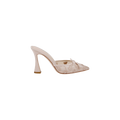 Prasad Mesh Mule: A light beige pointed-toe mule with a transparent mesh upper, detailed with delicate butterfly embroidery and a decorative bow on top. This shoe features a slim, curved heel for an elegant finish.