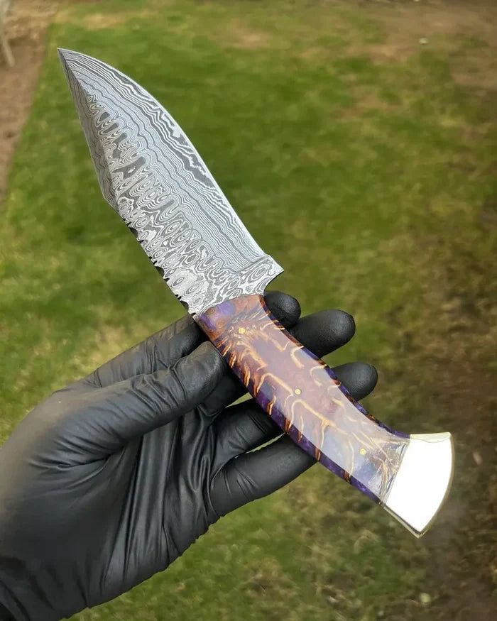 Premium Damascus Knife with Pine Corn Resin Handle & Protective Leather Sheath cskforged