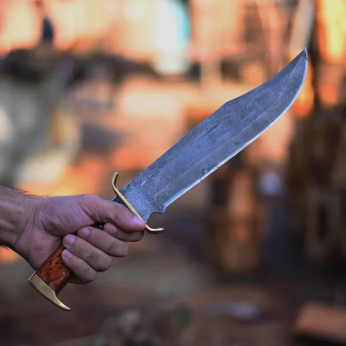 Premium Handmade Damascus Steel Rambo Knife with Brass Wood Handle & Leather Sheath cskforged