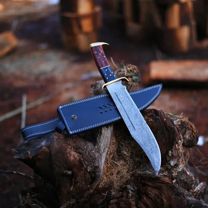 Premium Handmade Damascus Steel Rambo Knife with Brass Wood Handle & Leather Sheath cskforged