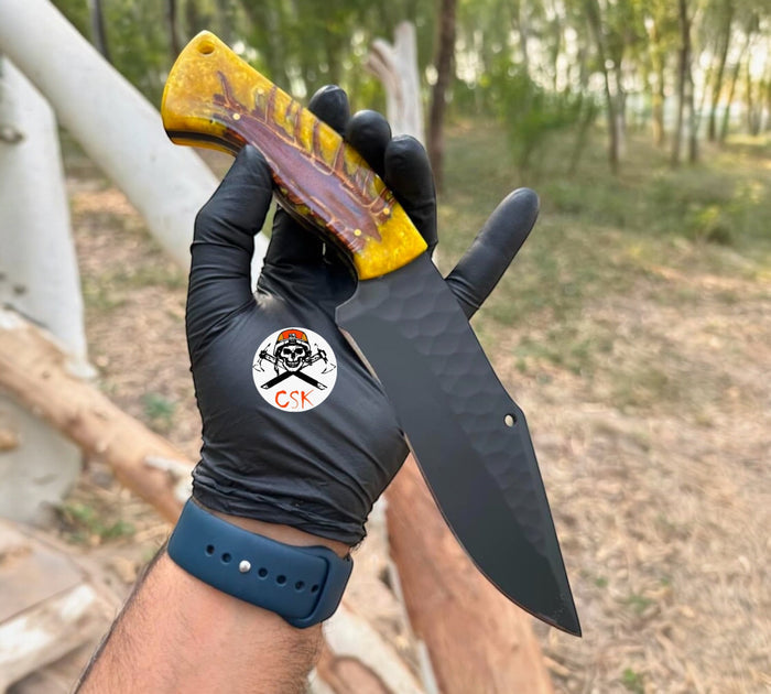 Premium Hunting Knife with Pine Corn Resin Handle & Protective Leather Sheath cskforged