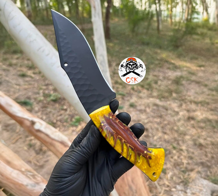 Premium Hunting Knife with Pine Corn Resin Handle & Protective Leather Sheath cskforged