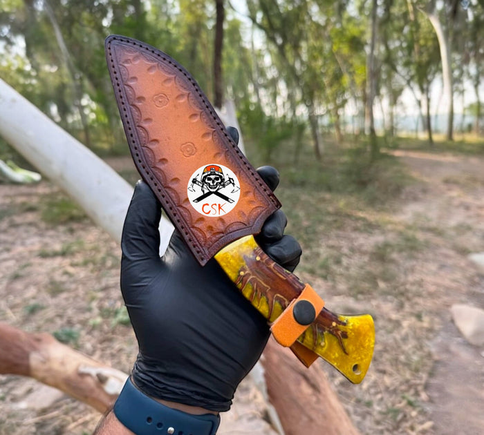 Premium Hunting Knife with Pine Corn Resin Handle & Protective Leather Sheath cskforged