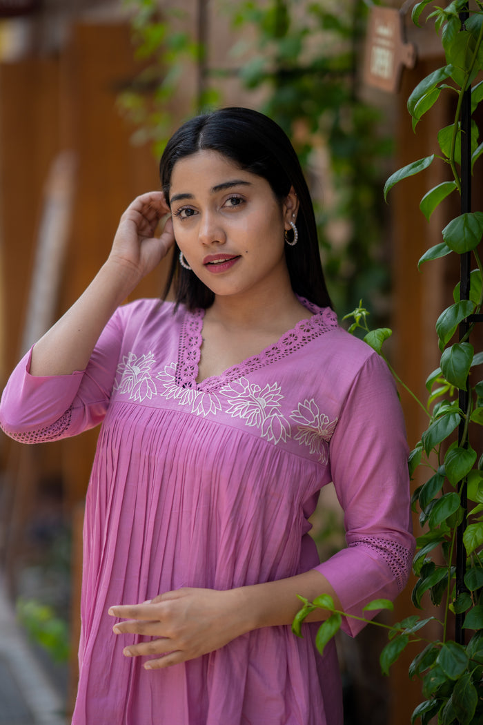 Pure mul cotton kurti/dress with crochet lace detailed neckline and thread embroidered yoke  MBS-551 **Ready to dispatch**