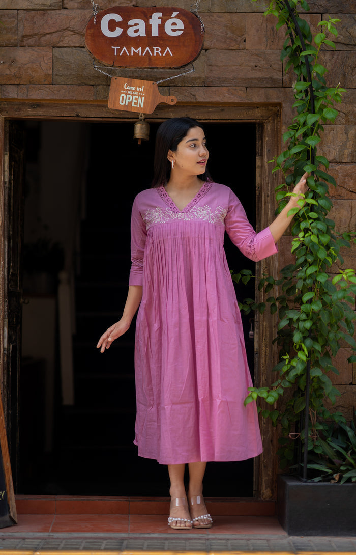 Pure mul cotton kurti/dress with crochet lace detailed neckline and thread embroidered yoke  MBS-551 **Ready to dispatch**