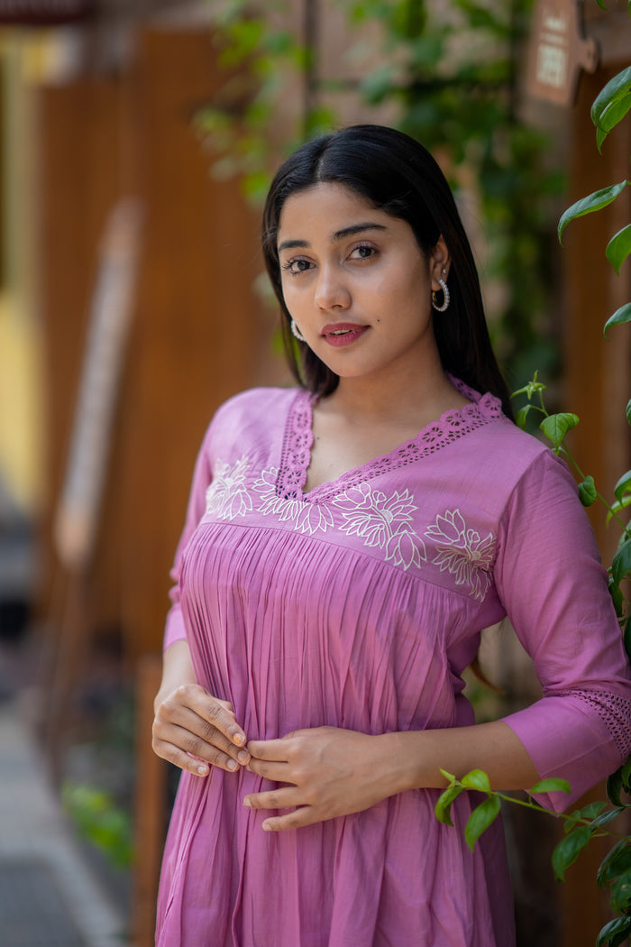 Pure mul cotton kurti/dress with crochet lace detailed neckline and thread embroidered yoke  MBS-551 **Ready to dispatch**