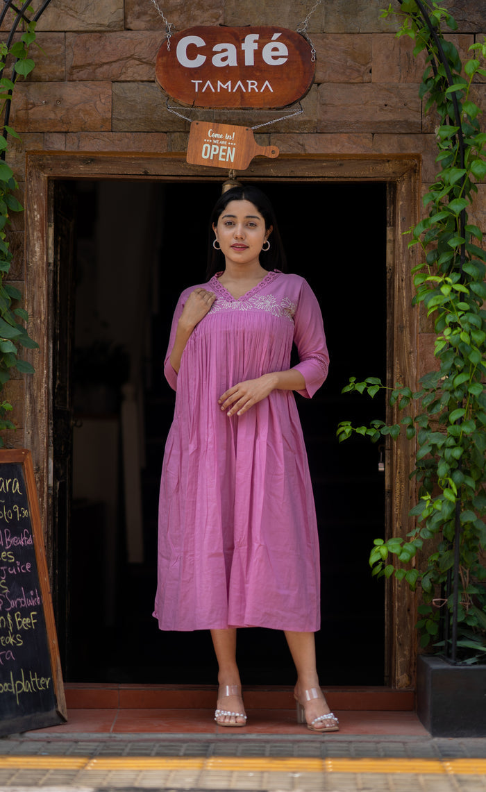 Pure mul cotton kurti/dress with crochet lace detailed neckline and thread embroidered yoke  MBS-551 **Ready to dispatch**