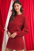 Racing Red Solid Color Drop Shoulder Pullover Drawstring Mini Skirt Set Shewin