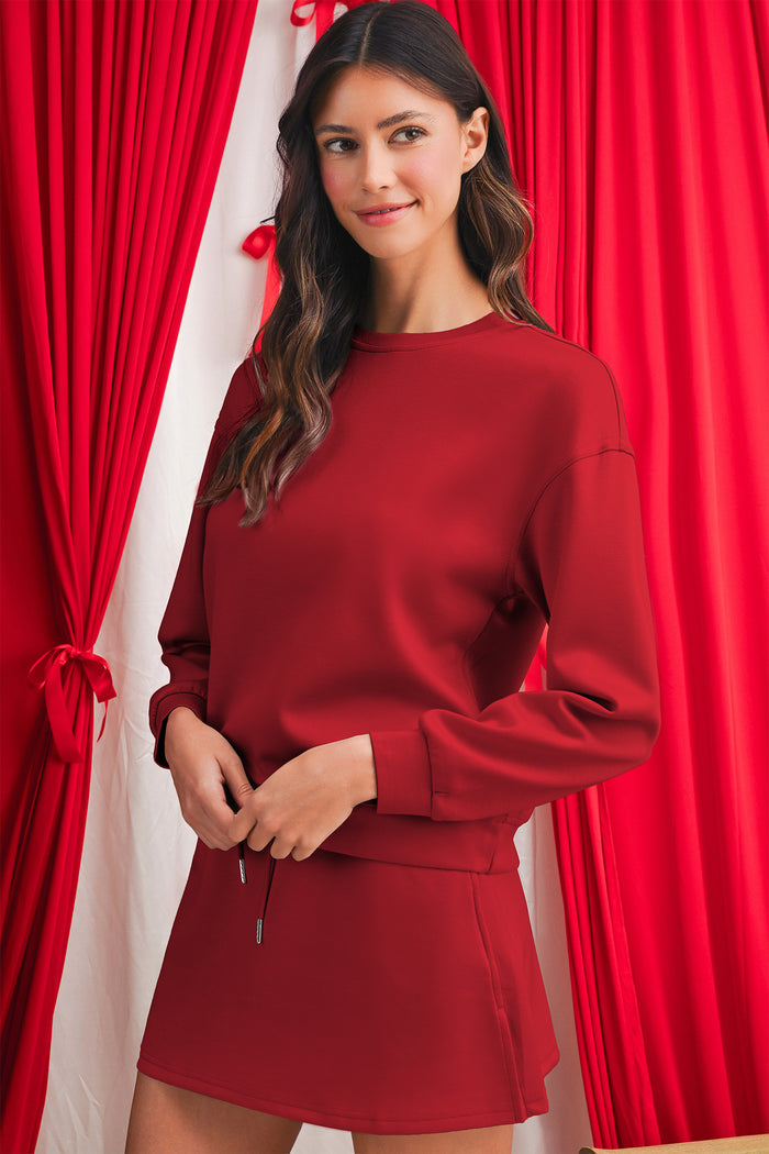 Racing Red Solid Color Drop Shoulder Pullover Drawstring Mini Skirt Set Shewin