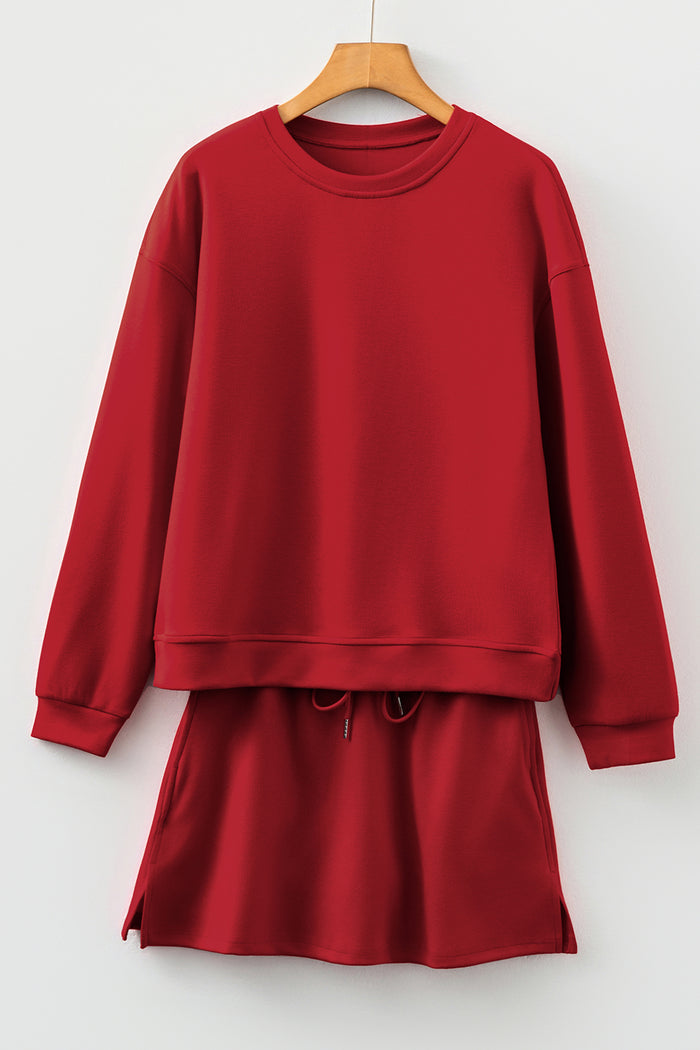 Racing Red Solid Color Drop Shoulder Pullover Drawstring Mini Skirt Set Shewin