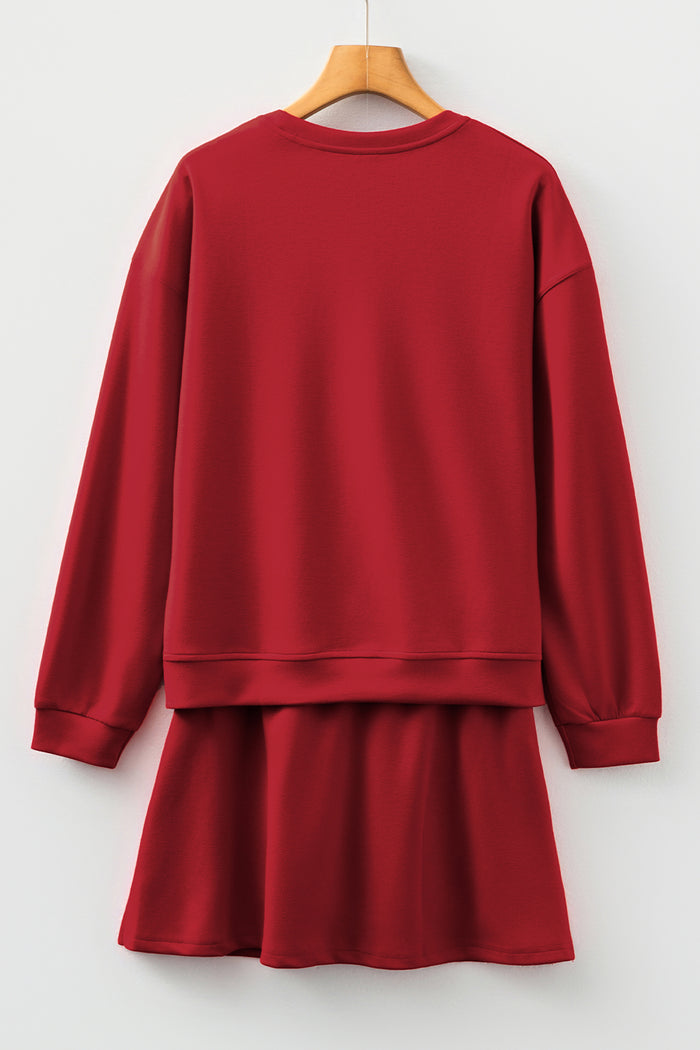 Racing Red Solid Color Drop Shoulder Pullover Drawstring Mini Skirt Set Shewin