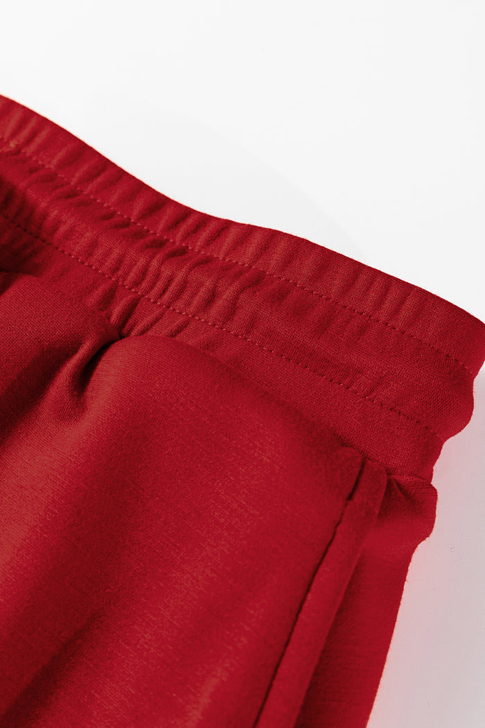 Racing Red Solid Color Drop Shoulder Pullover Drawstring Mini Skirt Set Shewin