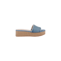 The Ramani Platform Espadrille features a blue denim upper with a wide strap and a platform sole wrapped in braided jute, styled in the classic platform espadrille design. The shoe is displayed in a side profile view against a white background.