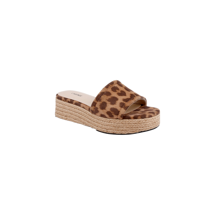 The Ramani Platform Espadrille is a stylish flat slide sandal featuring a leopard print suede strap and a woven sole, making it perfect for effortless summer style. Shown on a white background.