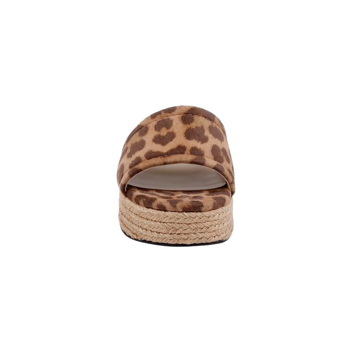 Front view of the Ramani Platform Espadrille, a women’s flat platform sandal showcasing a leopard-printed suede strap and a woven rope sole, displayed on a plain white background for effortless summer style.