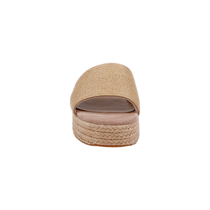 The Ramani Platform Espadrille is shown from the front against a white background, featuring a beige open-toe slide design with a raffia upper, woven texture, and a stylish platform sole—perfect for warm-weather looks.