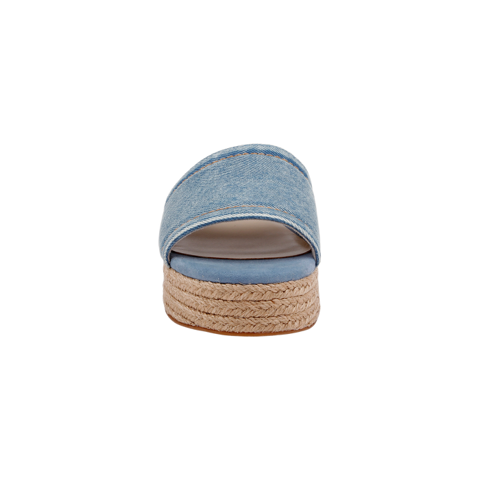 Front view of the Ramani Platform Espadrille, featuring a blue denim upper and a thick jute-wrapped platform sole, set against a plain white background.