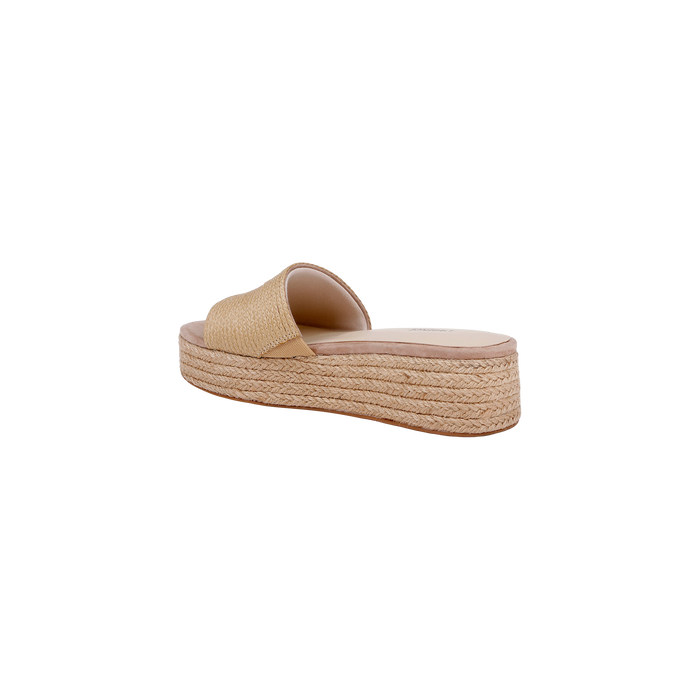 The Ramani Platform Espadrille is a beige woven slide sandal with a raffia upper, featuring an open toe and a thick, braided platform sole. It is shown at an angle on a plain white background.
