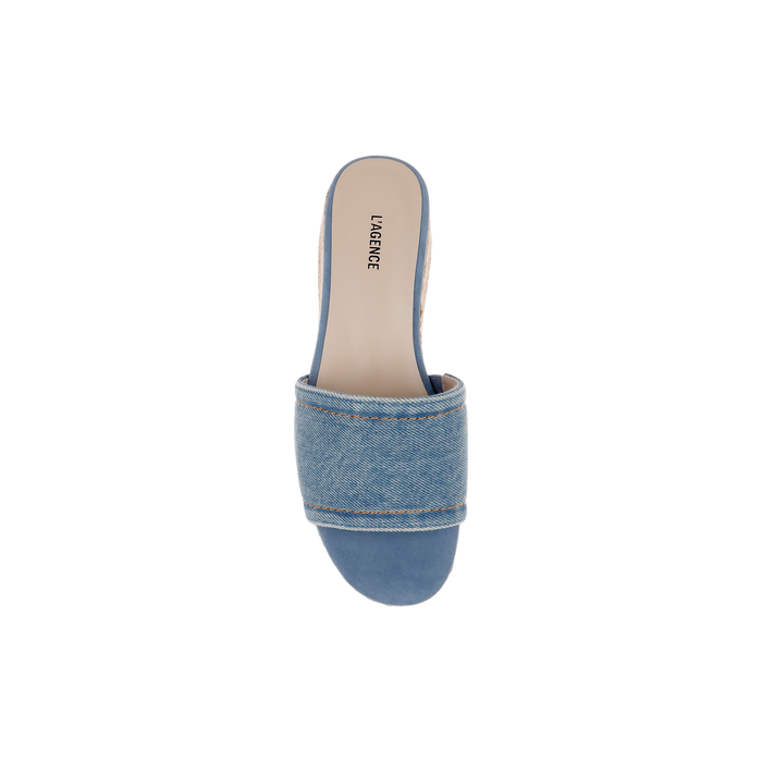 A single Ramani Platform Espadrille sandal with a blue denim upper, open toe, wide strap, and tan insole reading LA GENICE is shown from above on a white background—perfect for warm-weather style.