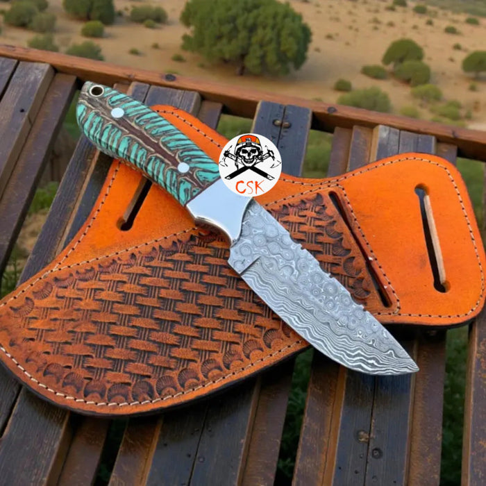 RANCH COWBOY KNIFE 3.25" DAMASCUS BLADE WITH PINE CONE RESIN HANDLE cskforged