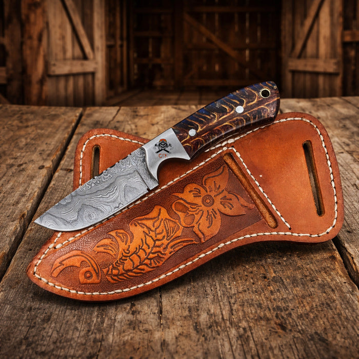 Rancher Belt Knife – 3.5” Damascus Steel With Pine-Cone Resin Handle cskforged