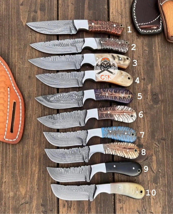 Rancher’s Belt Knife – Damascus Steel with Pine-Cone Resin Handle & Leather Sheath cskforged