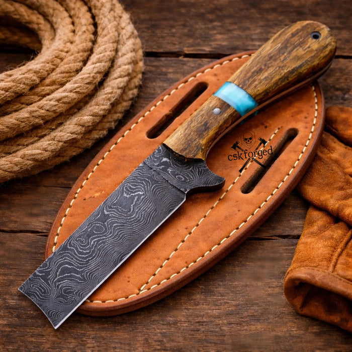 Rancher’s Fury Bull Cutter – Damascus Steel Cowboy Knife with Ash Wood & Turquoise Handle cskforged