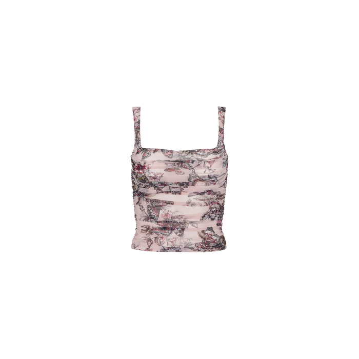 The Rasha Shirred Mesh Tank is a sleeveless, square-neckline top in pink, made from semi-sheer stretch mesh with a ruched front and an abstract floral print in black and gray tones, displayed against a white background.