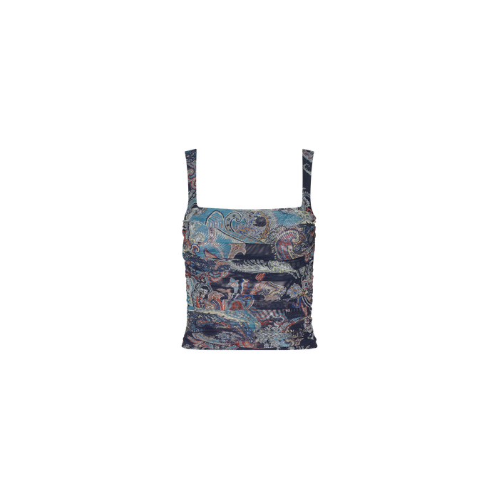 Introducing the Rasha Shirred Mesh Tank—a sleeveless, square-neckline crop top featuring a detailed blue and multicolor paisley pattern on a light background. This versatile women’s top is designed with ruched side details and a fitted silhouette, making it perfect for any occasion.