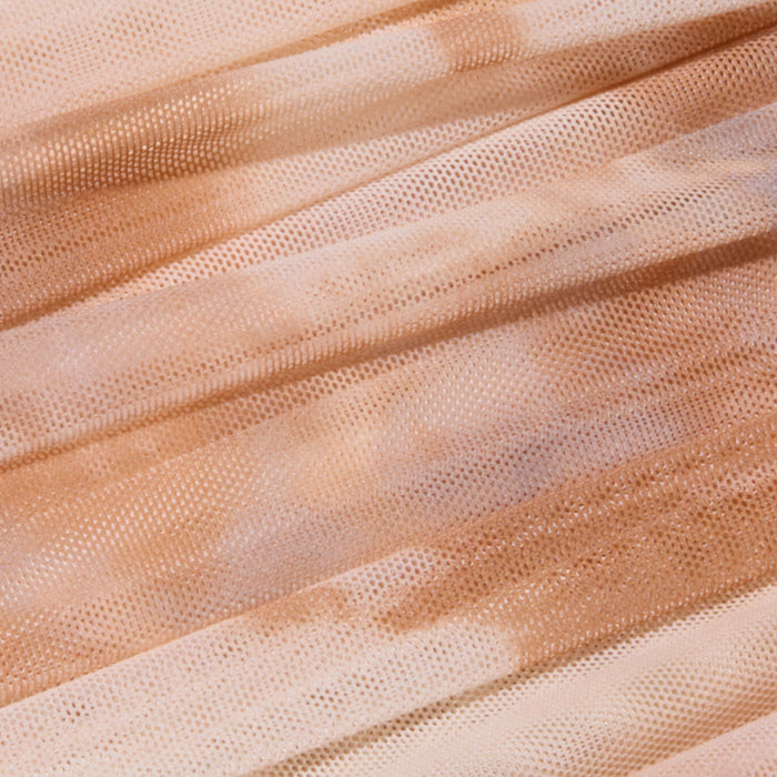 Close-up of the Rasha Shirred Mesh Tank, showcasing its folded, textured mesh fabric in soft beige and light brown tones. The abstract print features a mesh-like pattern with delicate color variations across the surface.