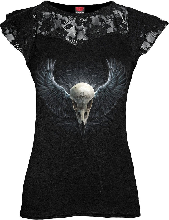 RAVEN CAGE - Lace Layered Cap Sleeve Top Black Spiral USA