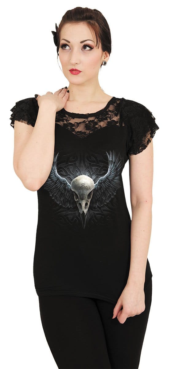RAVEN CAGE - Lace Layered Cap Sleeve Top Black Spiral USA