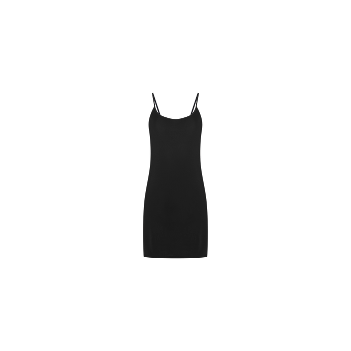 The Raye Slip Lining Dress is a simple black mini dress crafted from stretch jersey, featuring adjustable spaghetti straps, displayed against a plain white background.