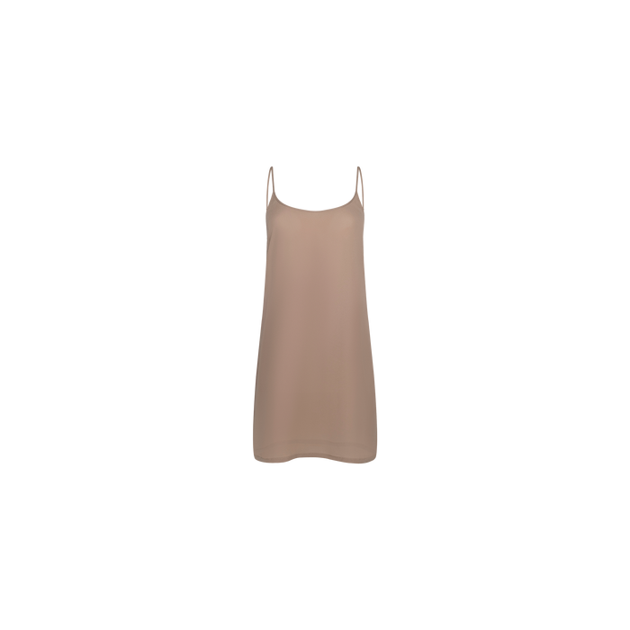The Raye Slip Lining Dress, shown on a plain white background, is a beige slip dress crafted from poly georgette with thin adjustable spaghetti straps and a comfortable slip lining.