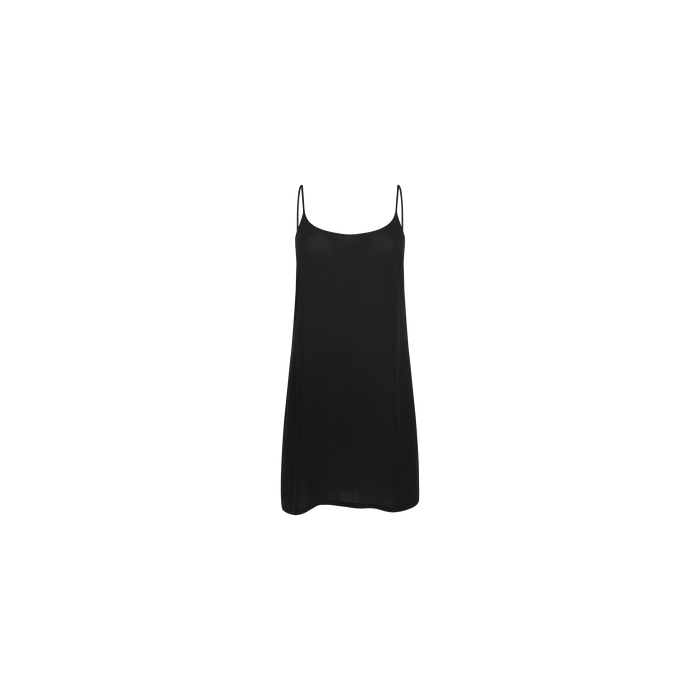 The Raye Slip Lining Dress is a plain black dress crafted from poly georgette, featuring thin adjustable straps and displayed on a white background.